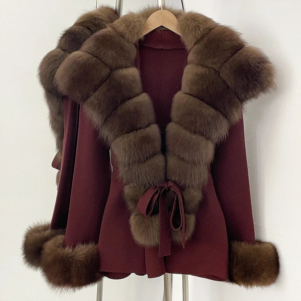 OFTBUY cardigan women Sweater Female New Women's Knit Coat with Real Fox Fur collar Belt Luxury Warm Winter Fashion Outerwear