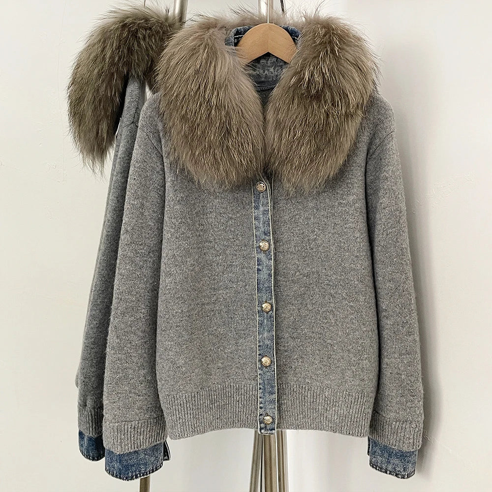 OFTBUY Denim Trim Warm Autumn Winter Fashion Outerwear Sweater Female New Women's Knit Cardigan with Large Real Fox Fur Collar