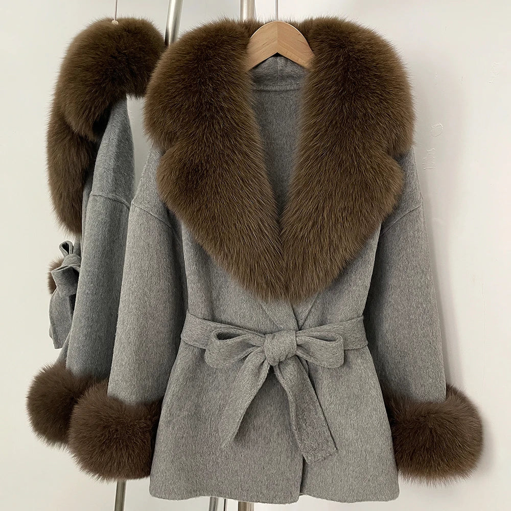 OFTBUY New Women's Double-Faced Wool Coat with Large Real Fox Fur Collar Cuffs Belted Warm Winter Elegant Fashion Outerwear Lady