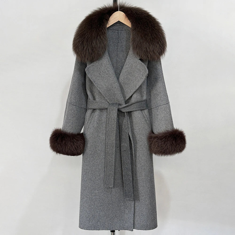 OFTBUY Fashion Warm Wool Coat with Real Fox Fur Collar New Autumn Winter Long Clothing Women Belt Elegant Woolen Jcacket Female