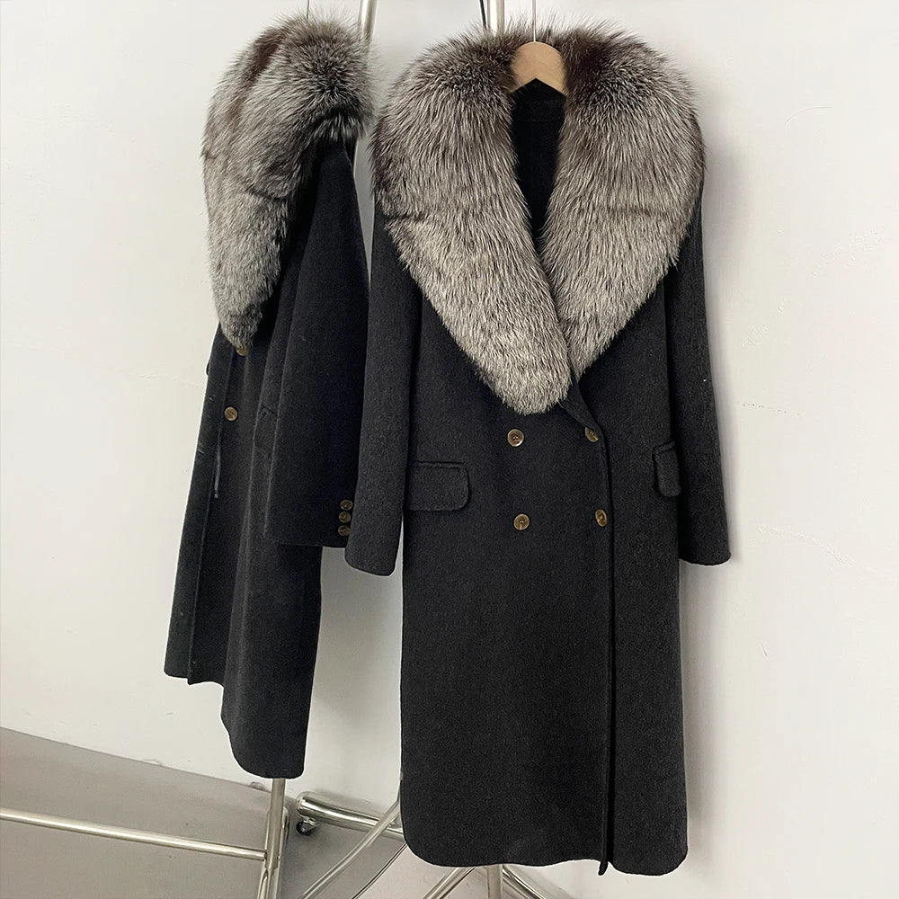 OFTBUY Woolen Coat Female Women's Luxury Double-Faced Wool Jacket Winter Oversize Real Fox Fur Double Breasted Elegant Outerwear