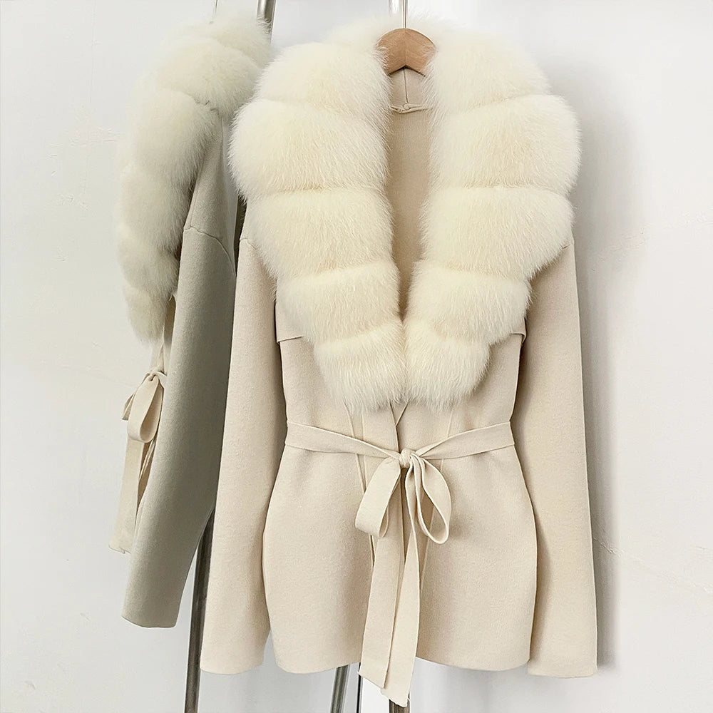 OFTBUY Fashion Real Fox Fur Collar Sweater Lady Loose Luxury Jacket Women's Clothes New Spring Autumn Belt Knit Cardigan Female