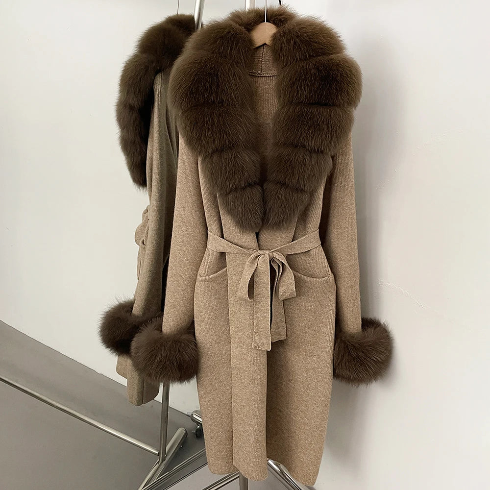 OFTBUY New Cardigan Autumn Winter Long Knit Clothing Women Loose Warm Belt Sweater Jacket with Real Fox Fur Collar and Cuffs
