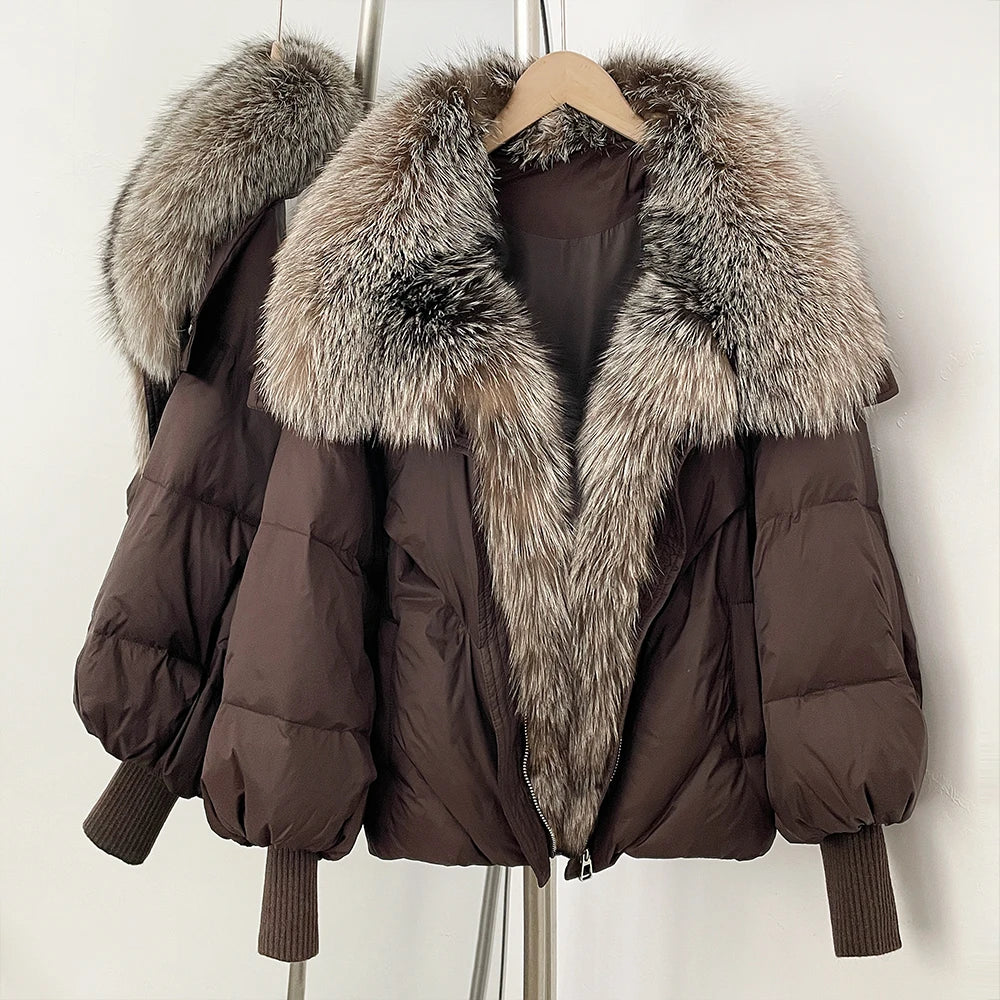 OFTBUY New Puffy Sleeve Warm Loose Puffer Jacket Winter Luxury Outerwear Women's Duck Down Jacket with Large Real Fox Fur Collar