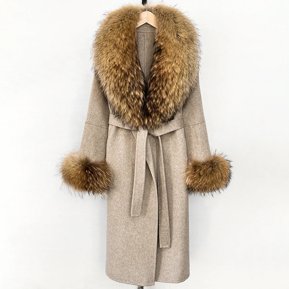 OFTBUY New Women's Double-Faced Wool Coat with Large Real Fox Fur Belted Warm Winter Luxury Fashion Outerwear Woolen Jacket Lady