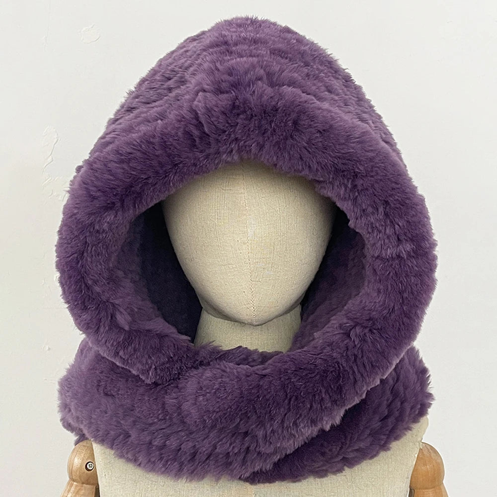 OFTBUY Thick Warm Windproof Natural Rabbit Fur Hat with Scarf Women New Winter Cute Cycling Cap Child Fluffy Rea Fur Neckerchief