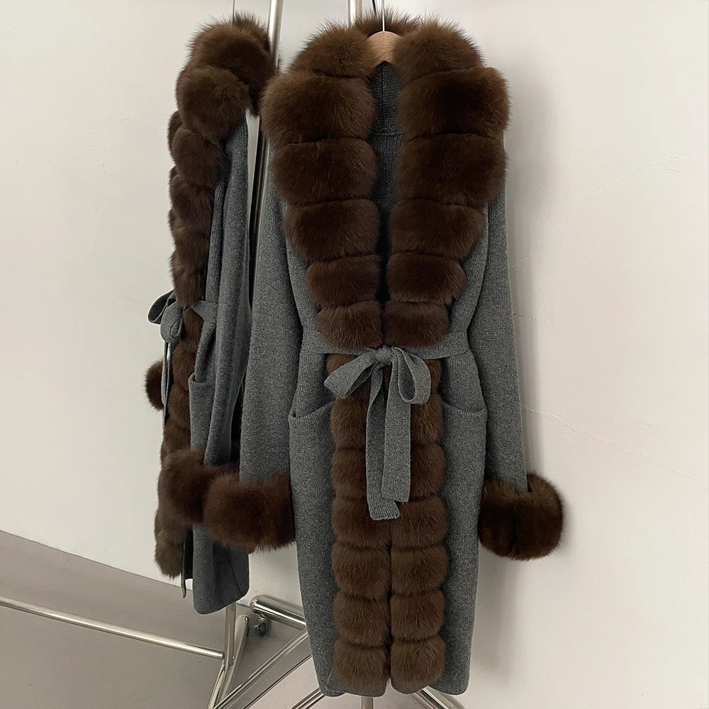 OFTBUY Cardigan Sweater New Women's Knit Long Coat with Full Real Fox Fur Belted Pockets Warm Winter Elegant Fashion Outerwear