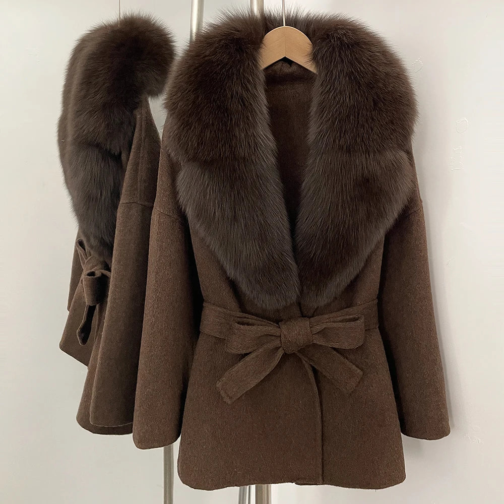 OFTBUY Belted Warm Winter Elegant Fashion Outerwear Lady New Women's Double-Faced Wool Coat with Large Real Fox Fur Collar Cuffs