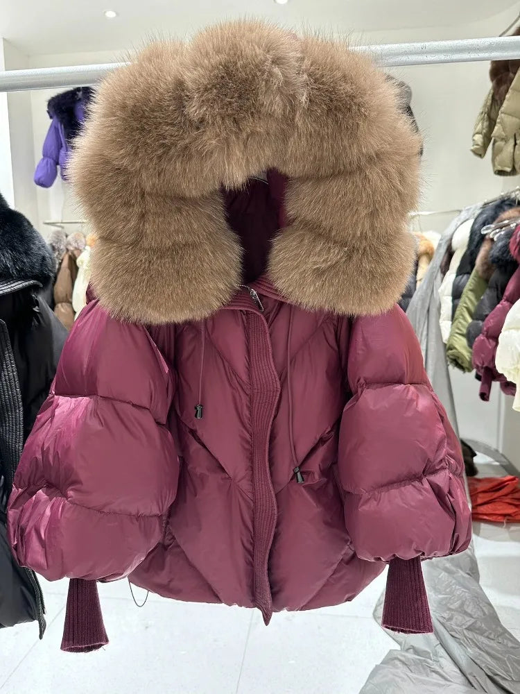 OFTBUY New Winter Large Real Fur Hooded Puffer Jacket Women Thicken Warm Knitted Sleeve Coat Lady White Duck Down Mid Long Parka