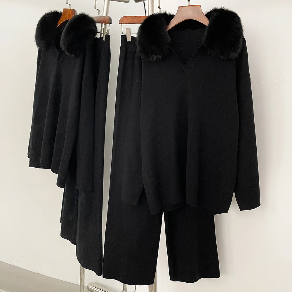 OFTBUY Knitted Pant Set Female Fashion Warm Real Fox Fur Sweater Lady New Autumn Winter Plus Size Woman Clothes Outfits Knitwear