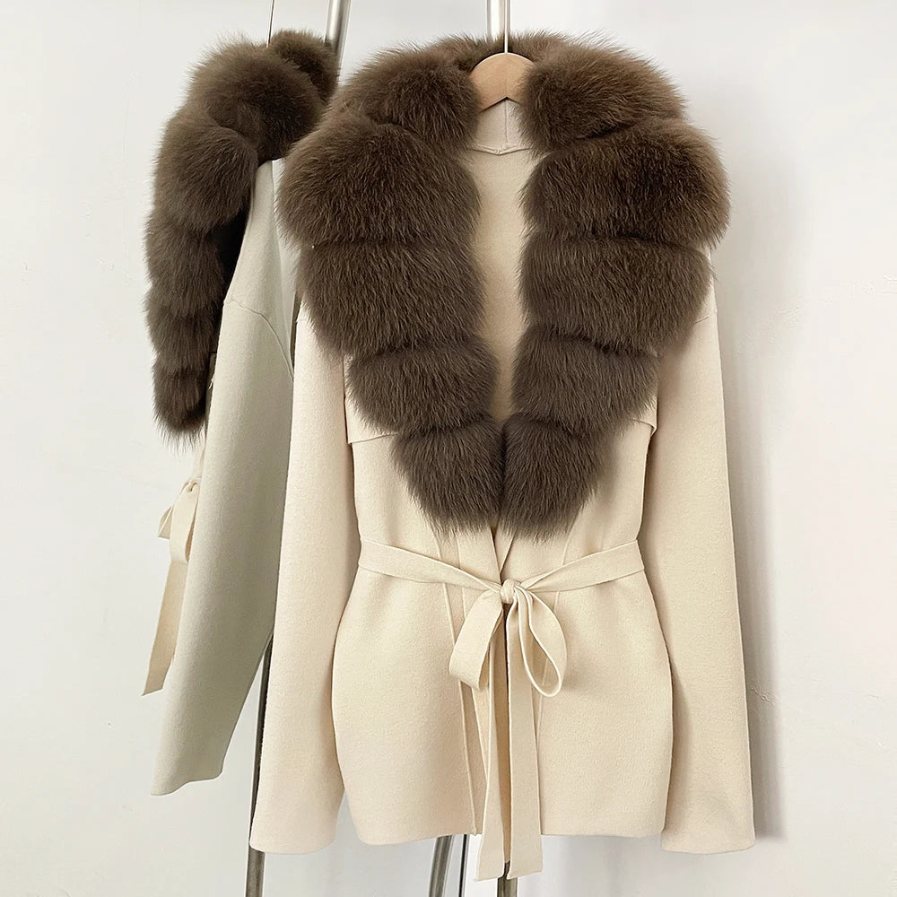 OFTBUY Fashion Real Fox Fur Collar Sweater Lady Loose Luxury Jacket Women's Clothes New Spring Autumn Belt Knit Cardigan Female