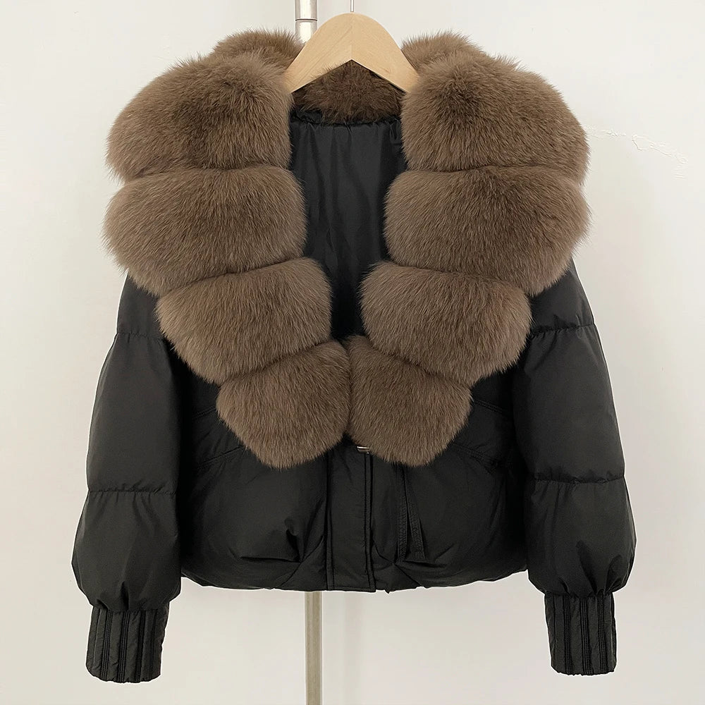 OFTBUY Luxury 90% Duck Down Puffer Jacket with Oversized Real Fox Fur Collar - Short Tiered Winter Coat