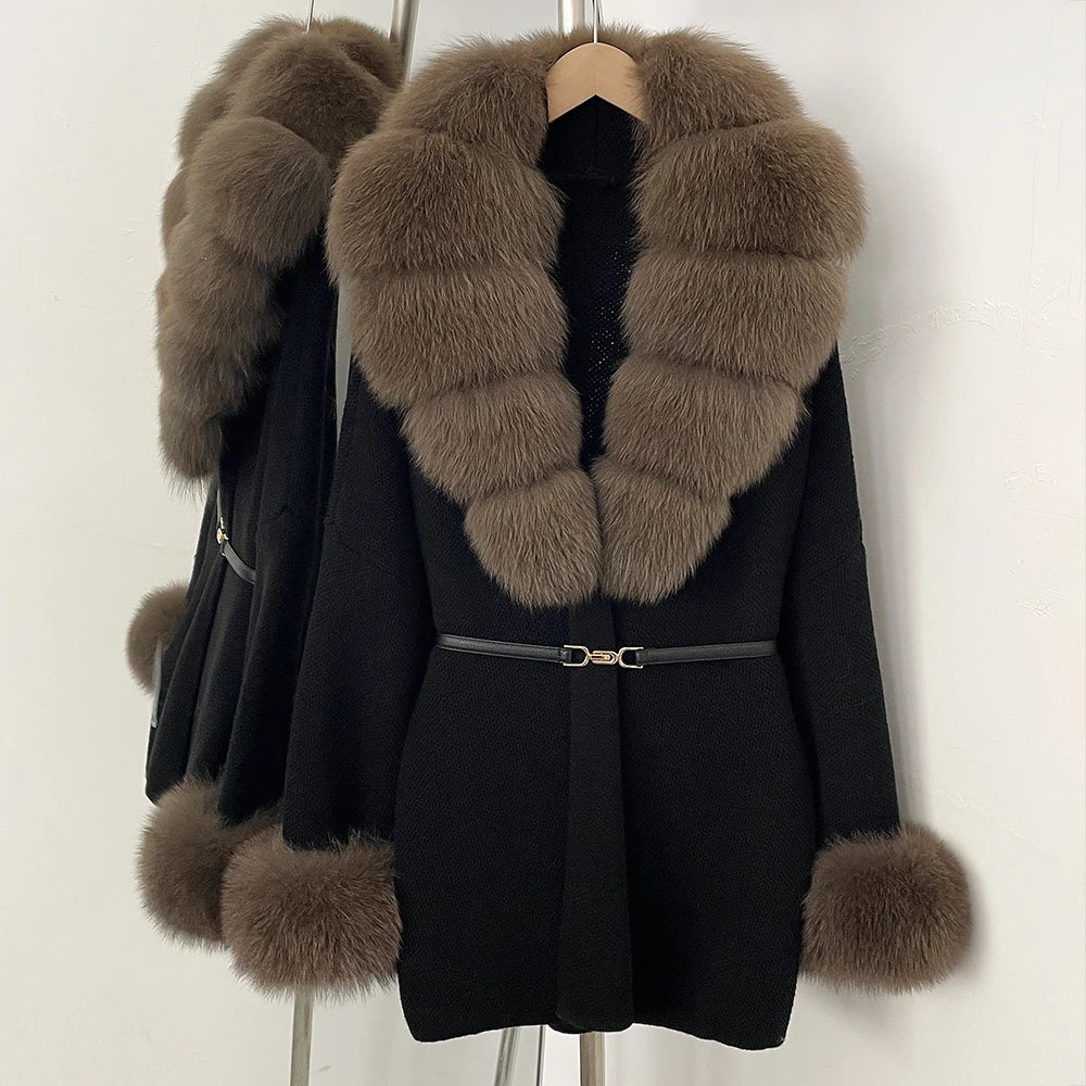 OFTBUY Belt Knit Warm Winter Luxury Casual Fashion Outerwear Sweater Female New Women's Knit Coat with Large Real Fox Fur Collar