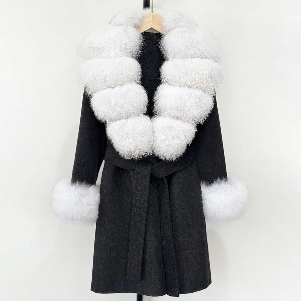 OFTBUY New Autumn Winter Top Clothes Women Belt Natural Fur Wool Coat Female Fashion Warm Woolen Jacket with Real Fox Fur Collar