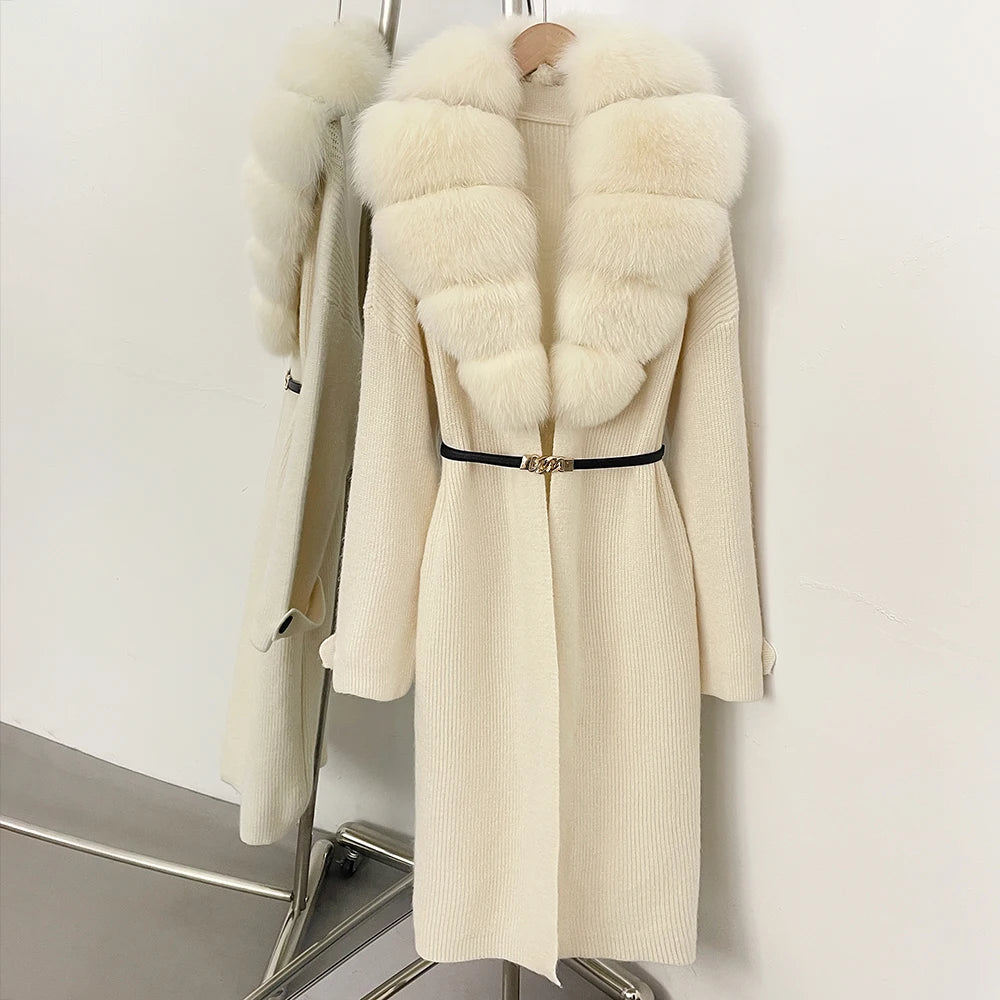 OFTBUY Warm Winter Elegant Fashion knit Outerwear female New Women's Knit Long Coat with Large Real Fox Fur Collar Belted Waist