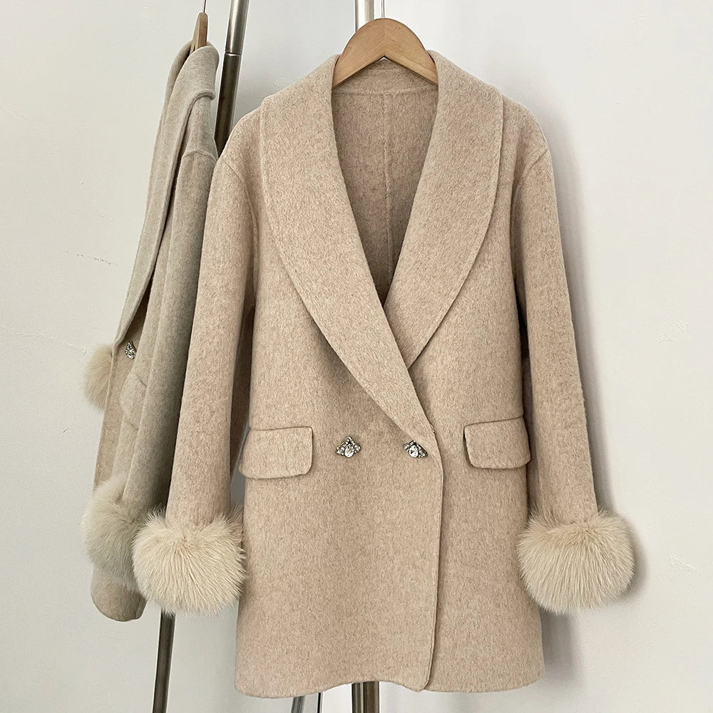 OFTBUY New Women's Wool Coat with Real Fox Fur Cuffs Double Breasted Diamond Button Lapel Winter Elegant Outerwear Female