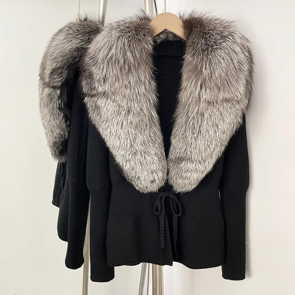 OFTBUY Luxury 100% Cotton Jacket with Real Fox Fur Collar New Autumn Winter Knit Cardigan Women Slim Warm Sweater Outerwear Lady