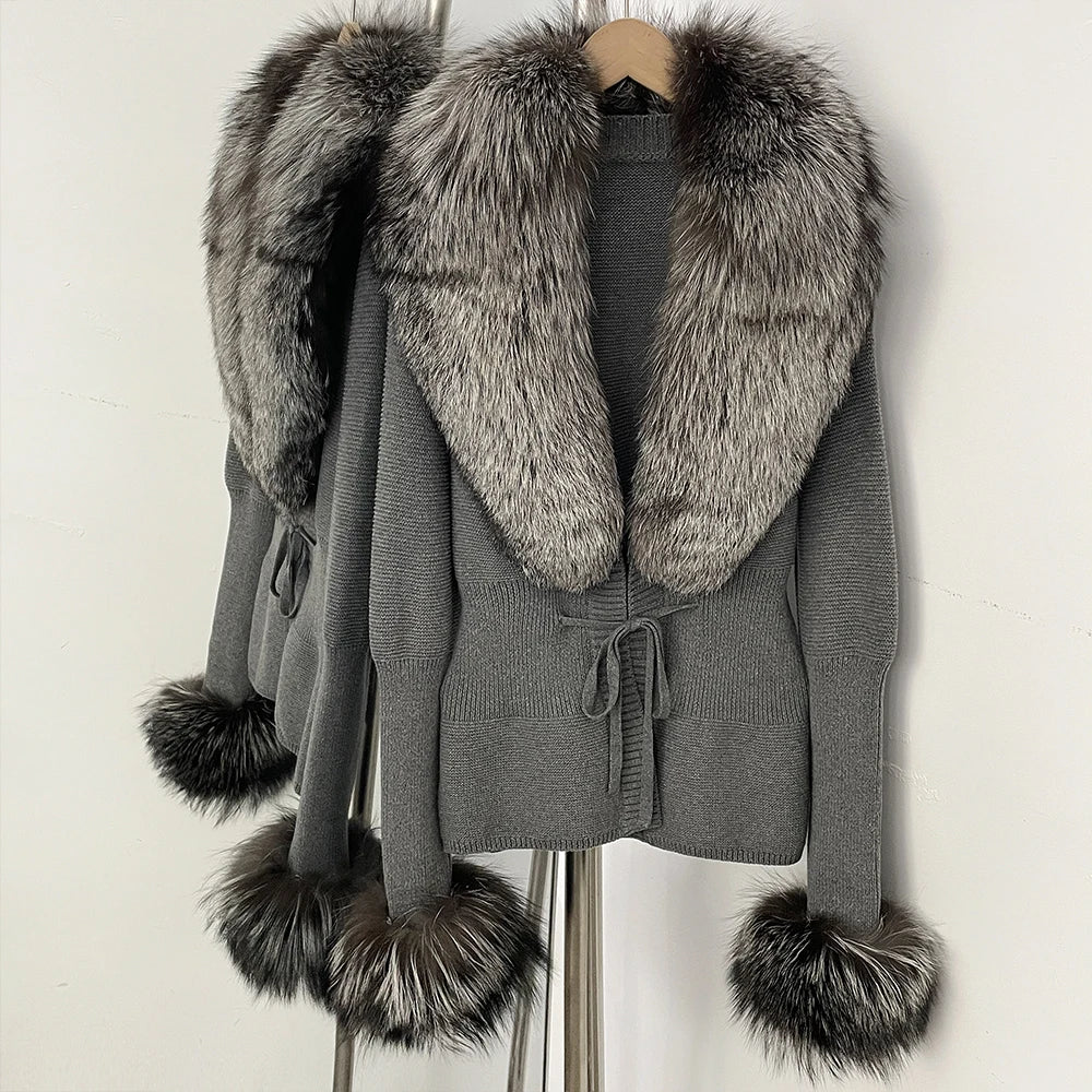 OFTBUY New Autumn Winter Knit Cardigan Women Fashion Warm Clothes with Real Fox Fur Luxury Natural Fur Sweater Jacket Female