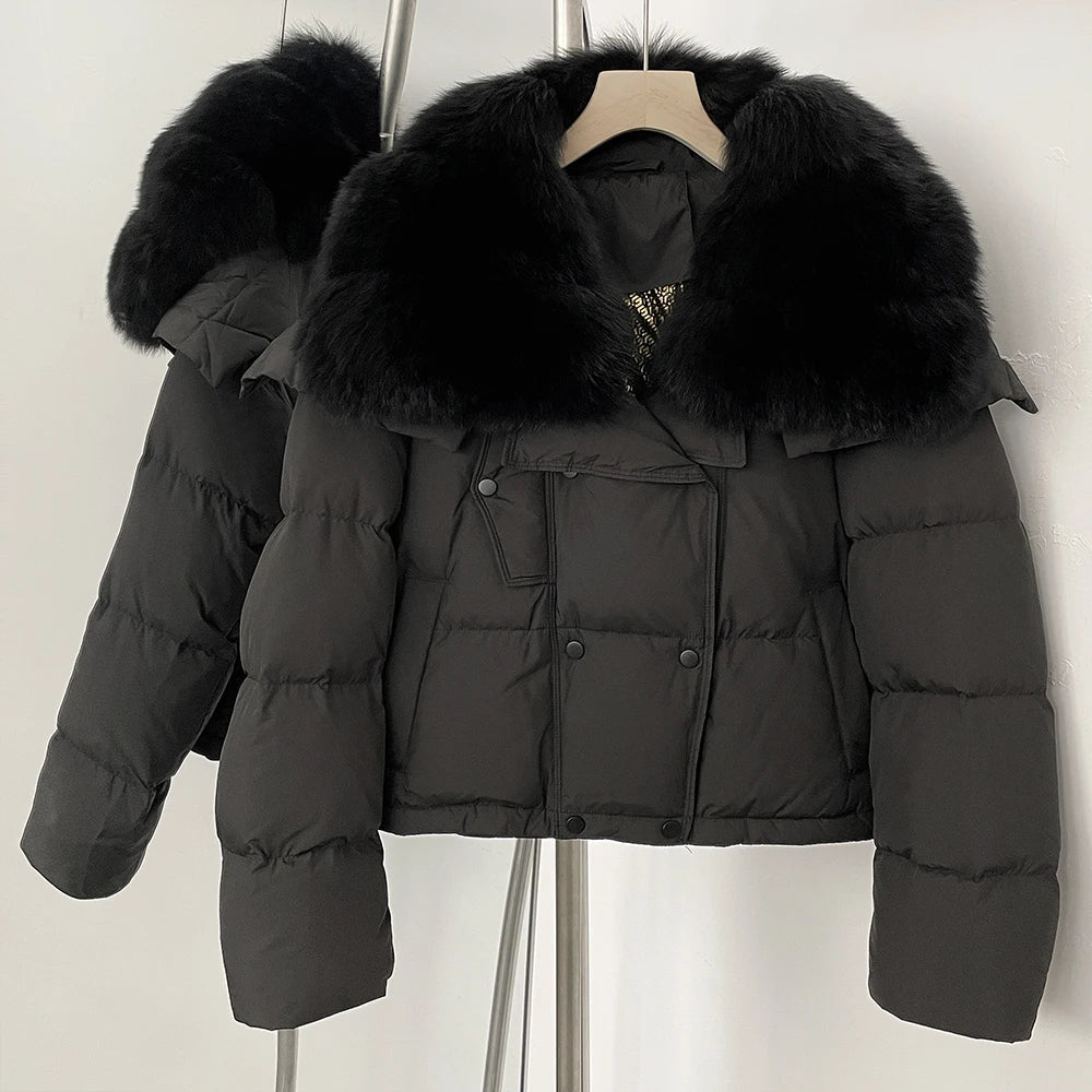 OFTBUY New Short Winter Clothing Women Thickened Warm Fluffy Raccoon Fur Puffer Jacket Female Real Fox Fur Collar Down Coat