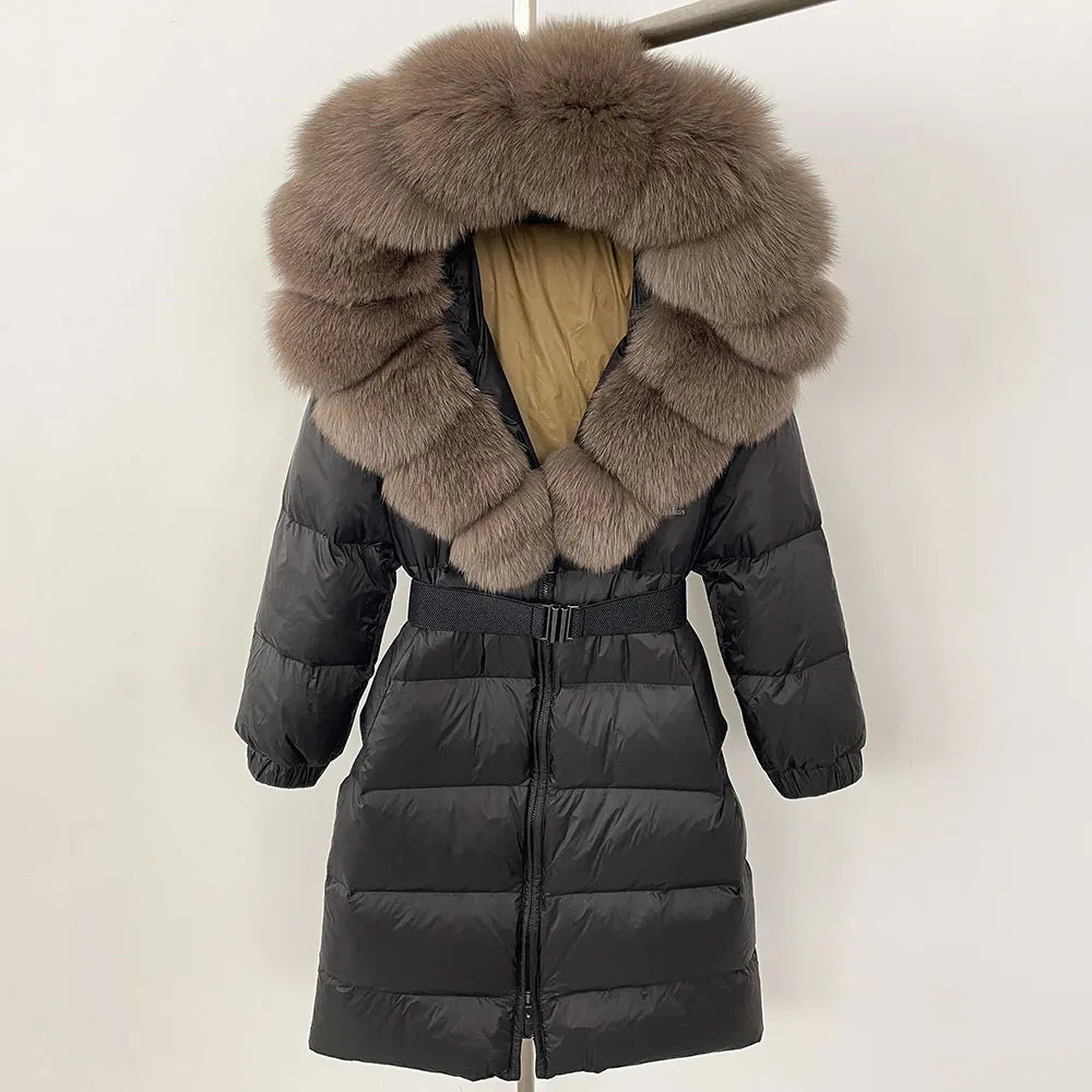 OFTBUY New Natural Thick Warm Duck Down Coat Female Long Winter Jacket Women Real Big Fox Fur Collar Belt Loose Puffer Parka