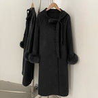 OFTBUY New Women's Double-Faced Wool Coat with Real Fox Fur Design Belted Bow Warm Winter Elegant Fashion Outerwear Woolen Coat