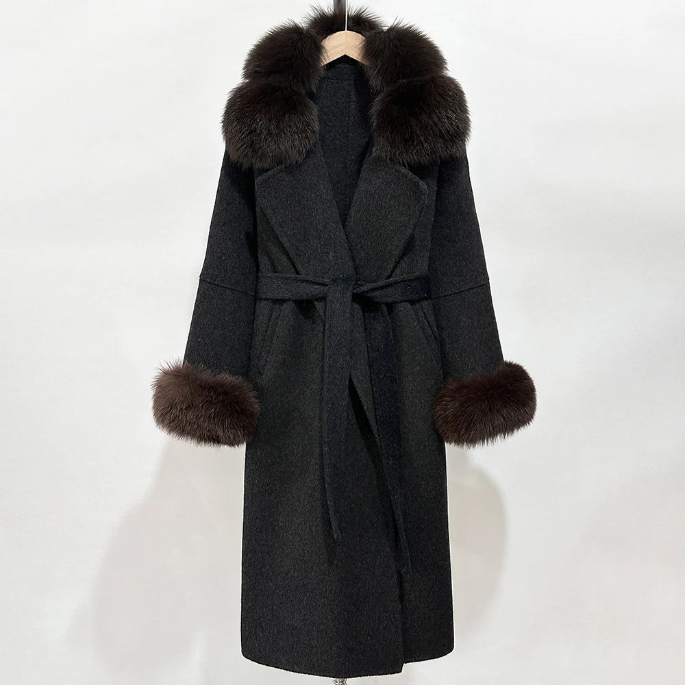 OFTBUY Belted Long Warm Winter Elegant Fashion Outerwear New Women's Double-Faced Wool Coat with Real Fox Fur Collar and Cuffs