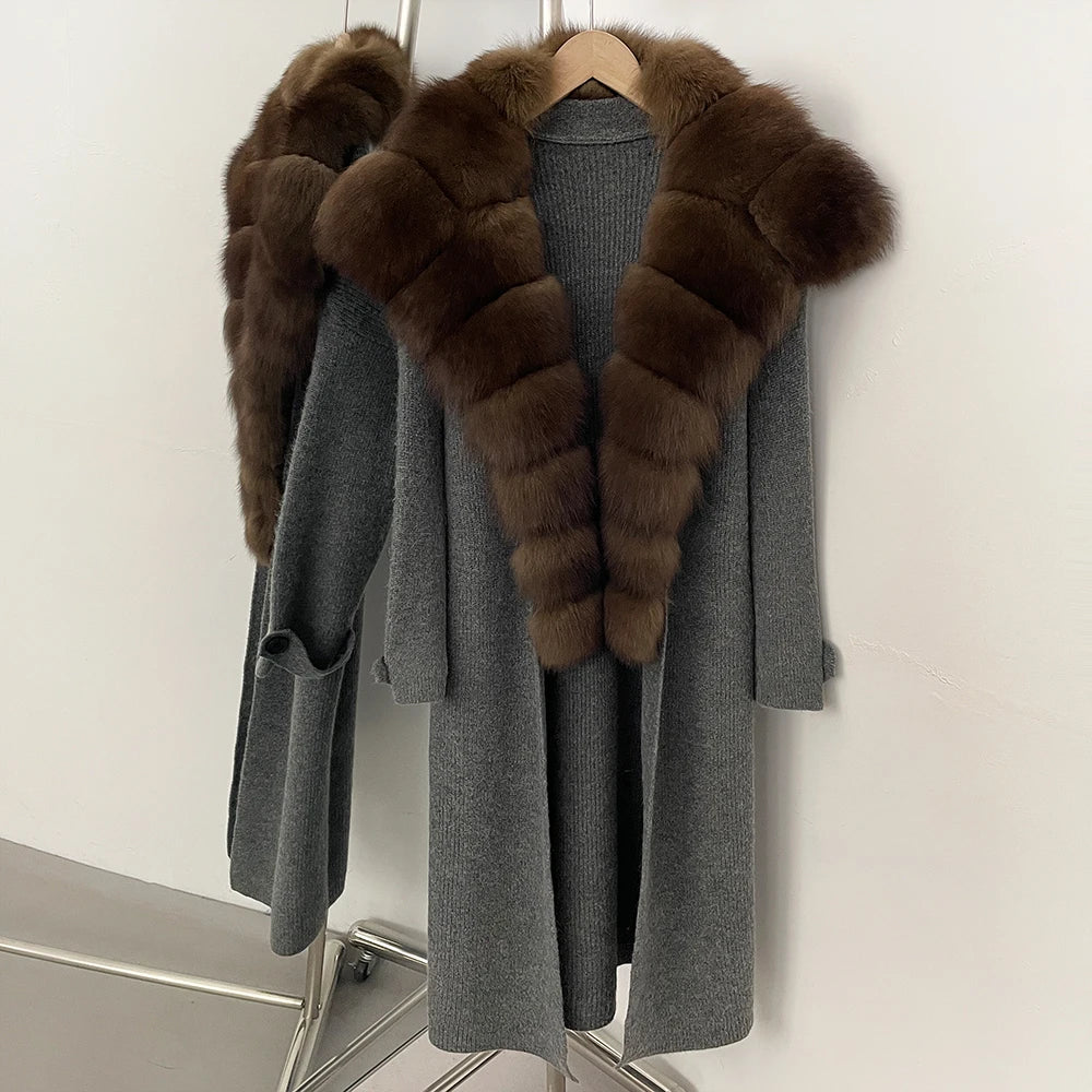 OFTBUY New Autumn Winter Knit Clothing Female Long Big Real Fox Fur Collar Sweater Women Warm Fashion Elegant Cardigan Coat