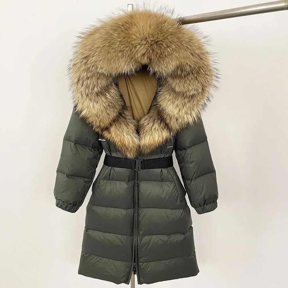 OFTBUY New Natural Thick Warm Duck Down Coat Female Long Winter Jacket Women Real Big Fox Fur Collar Belt Loose Puffer Parka