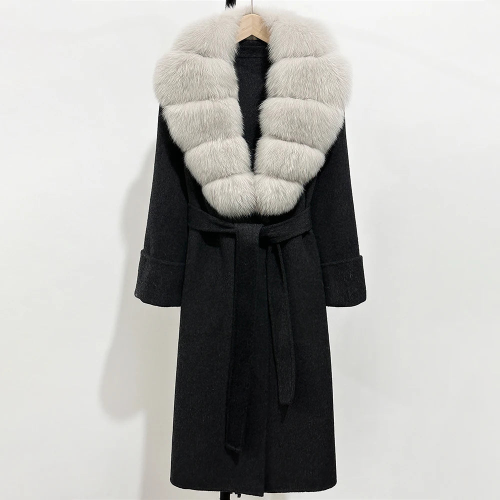 OFTBUY Long Belt 100% Wool Coat with Real Fox Fur Collar Warm Natural Fur Woolen Jacket Female New Autumn Winter Clothing Women