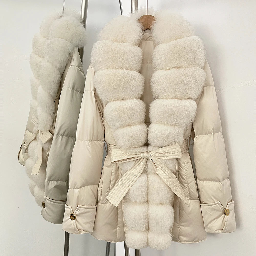 OFTBUY Luxury Women's Down Jacket women Warm Winter Parka Outerwear Duck Down Real Fox Fur Collar Belted Puffer Coat female