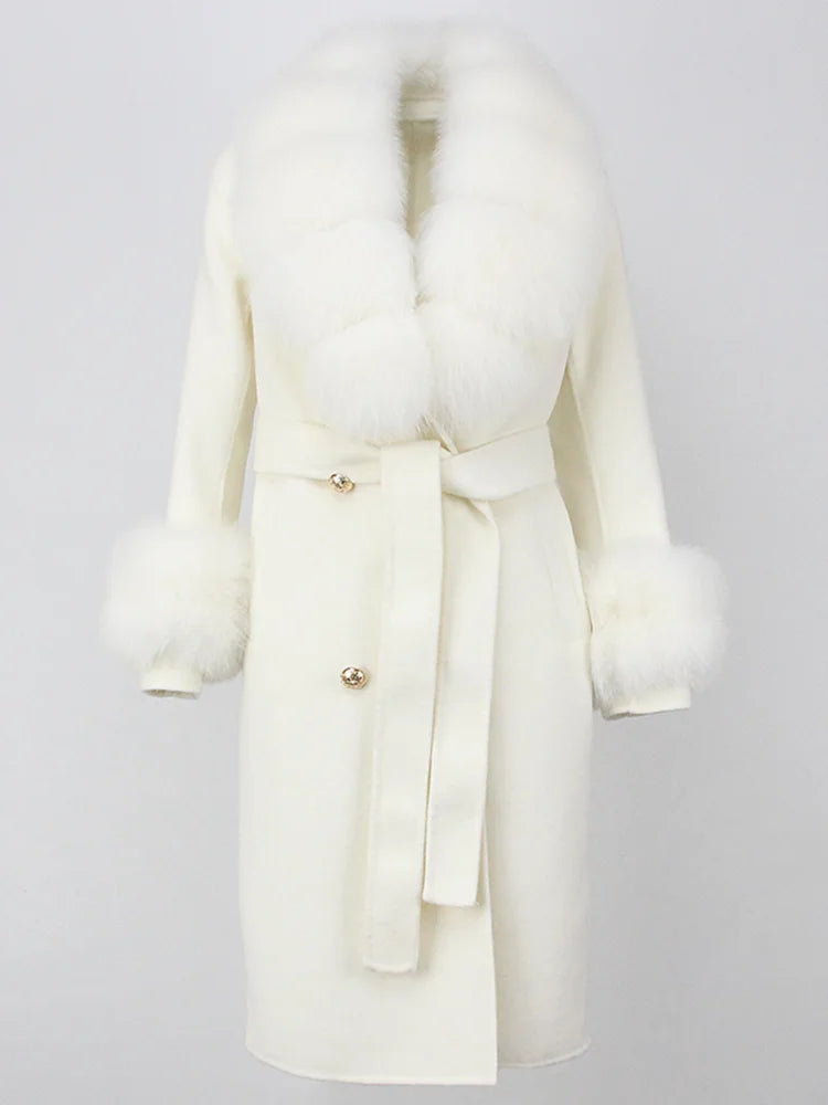 OFTBUY Winter Jacket Women Long Natural Wool Blends Cashmere Real Fur Coat Double Breasted Belt Warm Streetwear New Fashion