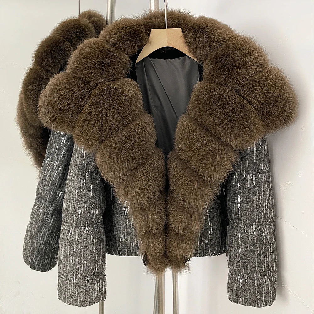 OFTBUY Sequined Duck Down Coat Female New Women's Short Puffer Jacket with Real Fox Fur Collar  Luxury Sparkly Winter Outerwear
