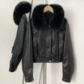 OFTBUY Women's Faux Leather Bomber Jacket with Real Fox Fur Collar PU Leather Cropped Aviator Coat Female New Winter Outerwear