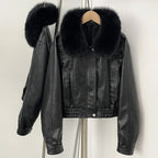 OFTBUY Women's Faux Leather Bomber Jacket with Real Fox Fur Collar PU Leather Cropped Aviator Coat Female New Winter Outerwear