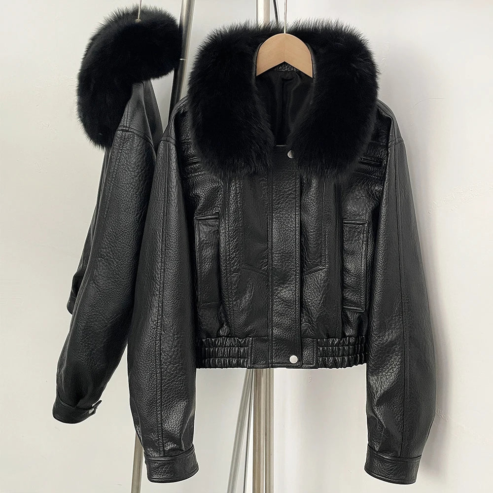 OFTBUY Women's Faux Leather Bomber Jacket with Real Fox Fur Collar PU Leather Cropped Aviator Coat Female New Winter Outerwear