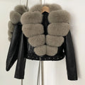 OFTBUY Natural Fox Fur Faux Leather Jacket Female New Autumn Short Top Clothing Women Long Sleeve Fake Leather Real Fur Coat