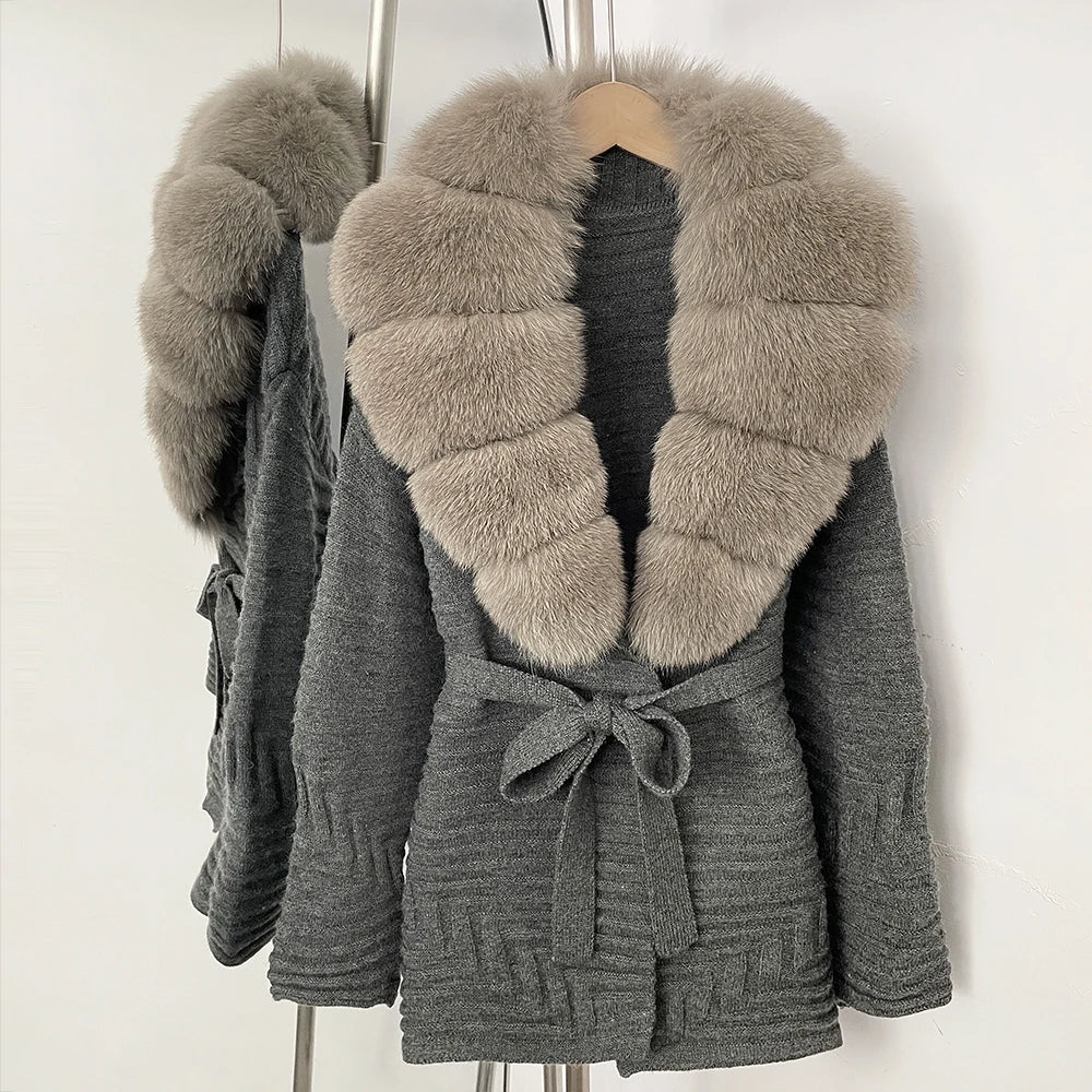 OFTBUY New Women's Knit Coat with Large Real Fox Fur Collar Belted Waist Striped Texture Pockets Winter Luxury Elegant Outerwear