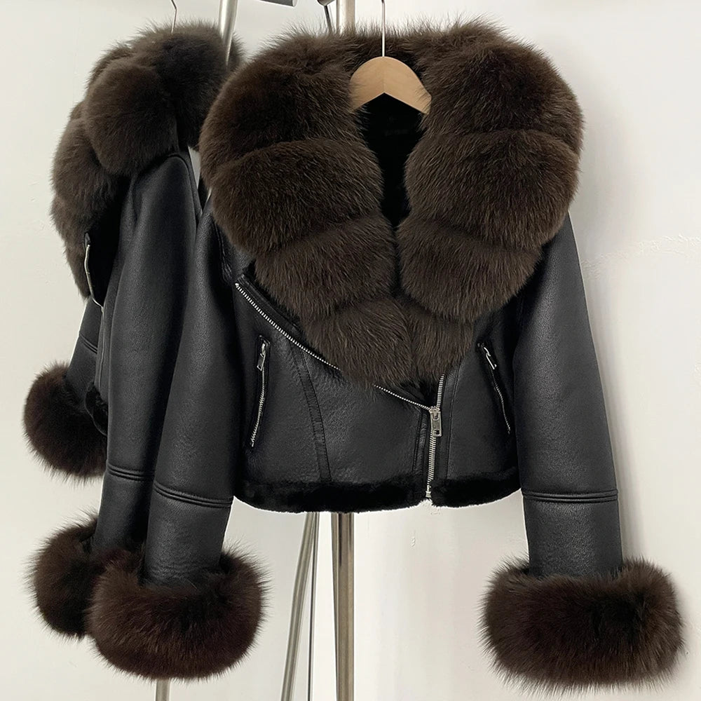 OFTBUY New Winter Real Fox Fur Collar and Cuffs Clothes Women Short Faux Leather Fake Fur Inner Jacket Female Thick Warm Coat