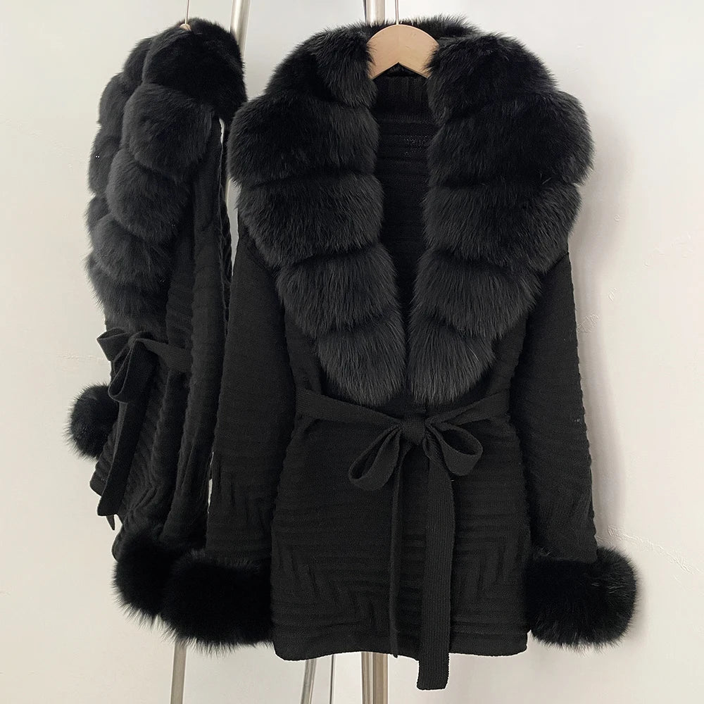 OFTBUY Belted Waist Striped Texture Pockets New Women's Knit Coat with Large Real Fox Fur Collar Winter Luxury Elegant Outerwear