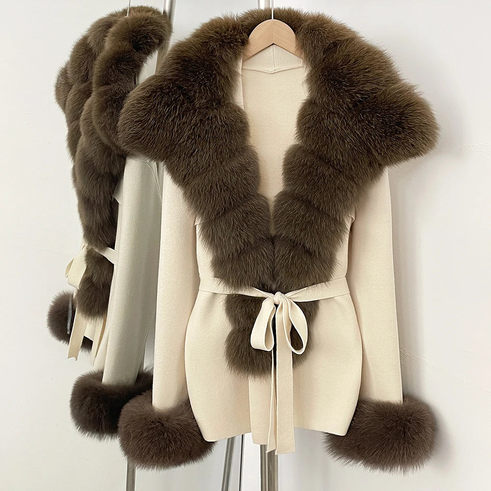 OFTBUY cardigan women Sweater Female New Women's Knit Coat with Real Fox Fur collar Belt Luxury Warm Winter Fashion Outerwear