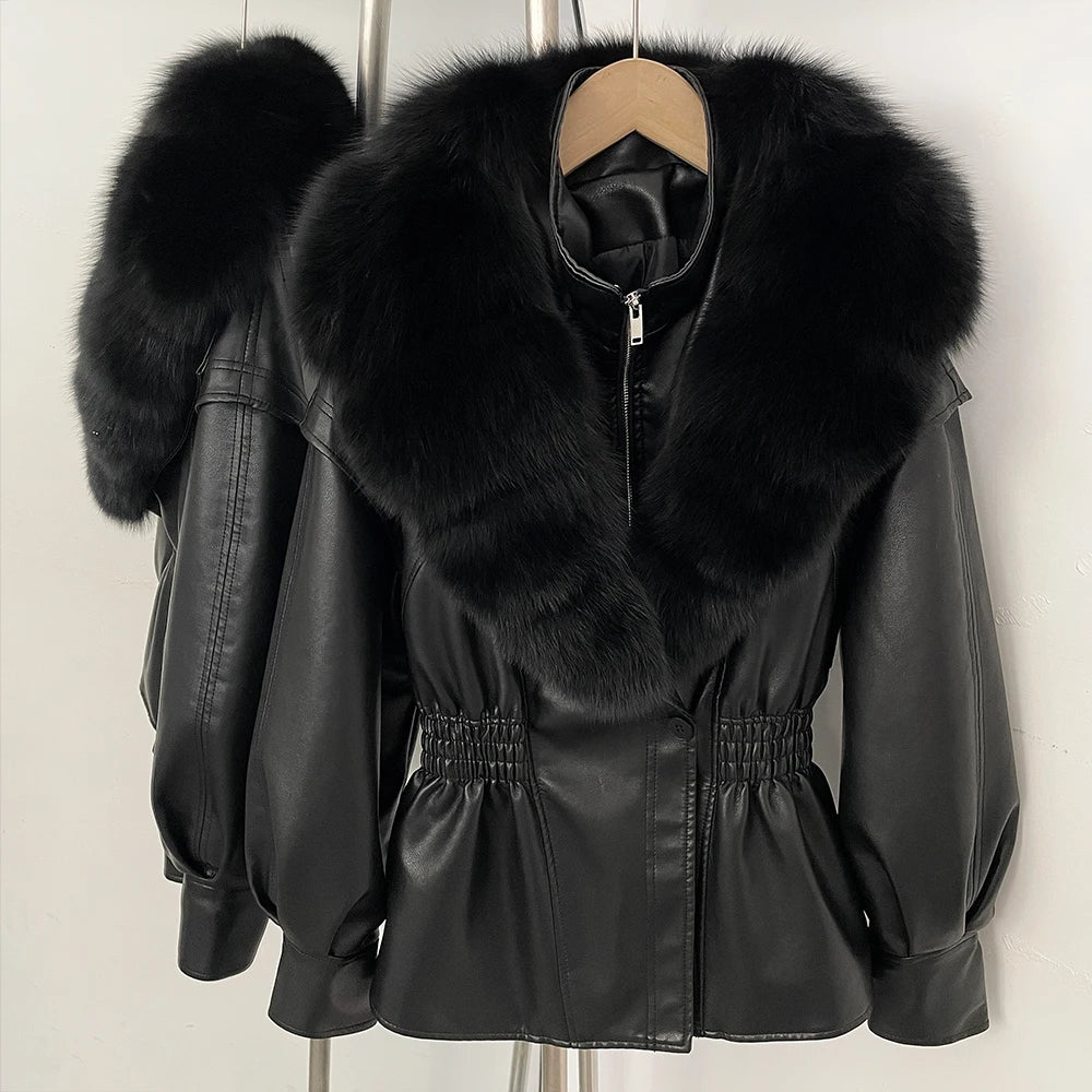 OFTBUY Women's Luxury Real Fox/Raccoon Fur Faux Leather Jacket Elastic Waist New Winter Coat Elegant PU Leather Outerwear Female