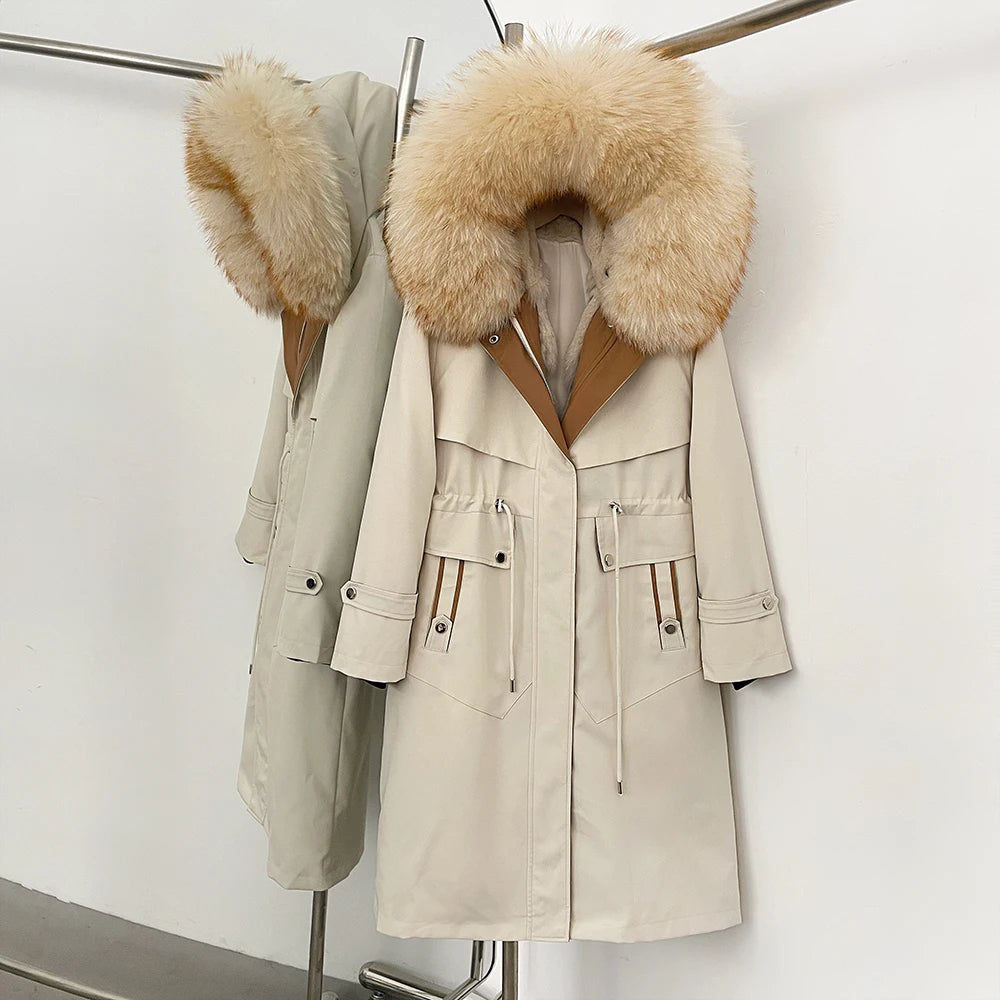 OFTBUY Long Hooded Real Fox Fur Collar Coat Women Waterproof Windproof Natural Rabbit Fur Inner Jacket New Thickened Warm Parker