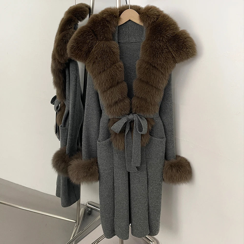 OFTBUY Fashion Warm Belt Real Fox Fur Cardigan New Natural Fur Collar Long Knit Jacket Women Atrumn Winter Top Clothing Female