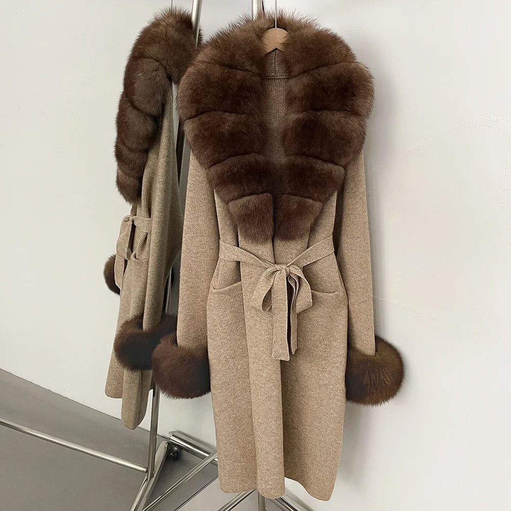 OFTBUY New Cardigan Autumn Winter Long Knit Clothing Women Loose Warm Belt Sweater Jacket with Real Fox Fur Collar and Cuffs