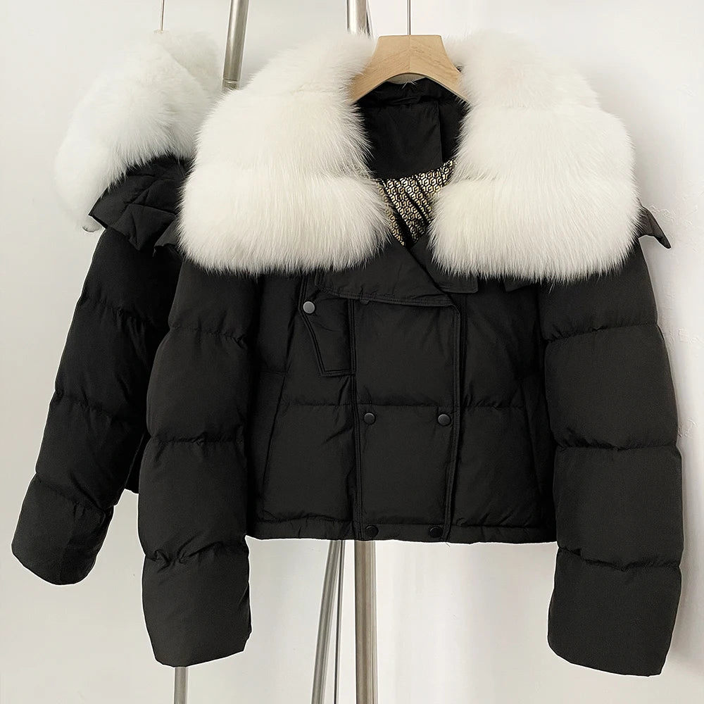 OFTBUY New Short Winter Clothing Women Thickened Warm Fluffy Raccoon Fur Puffer Jacket Female Real Fox Fur Collar Down Coat