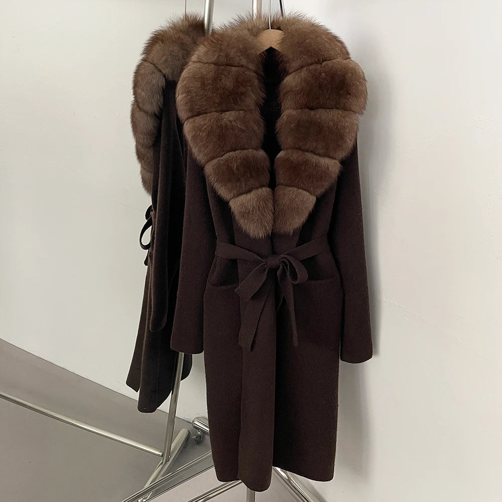 OFTBUY Women's Luxury Brown Knit Cardigan with Real Fox Fur Collar Belted Sweater Coat Female New Fashion Warm Winter Outerwear