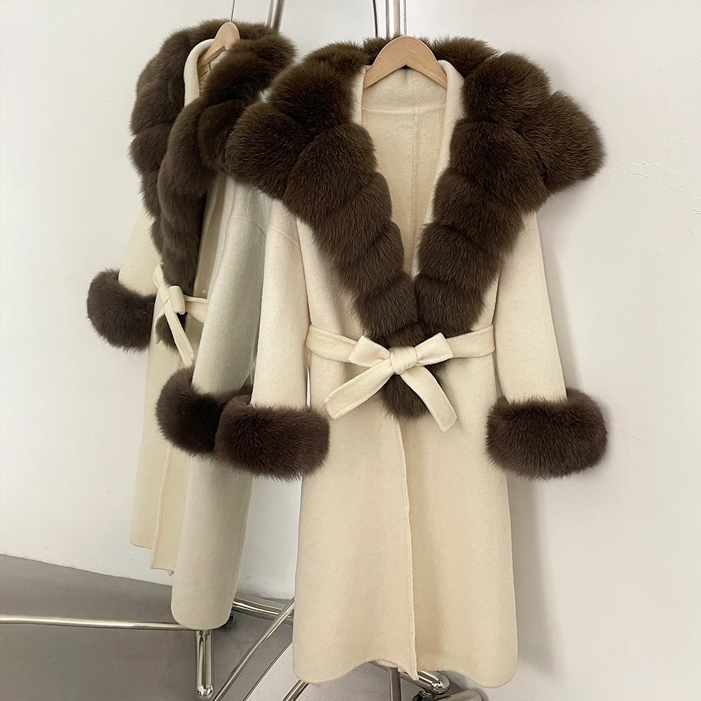 OFTBUY New Autumn Winter Warm Woolen Clothes Women Long Sleeves Cashmere Woolen Jacket Luxury Real Fox Fur 100% Wool Coat Female