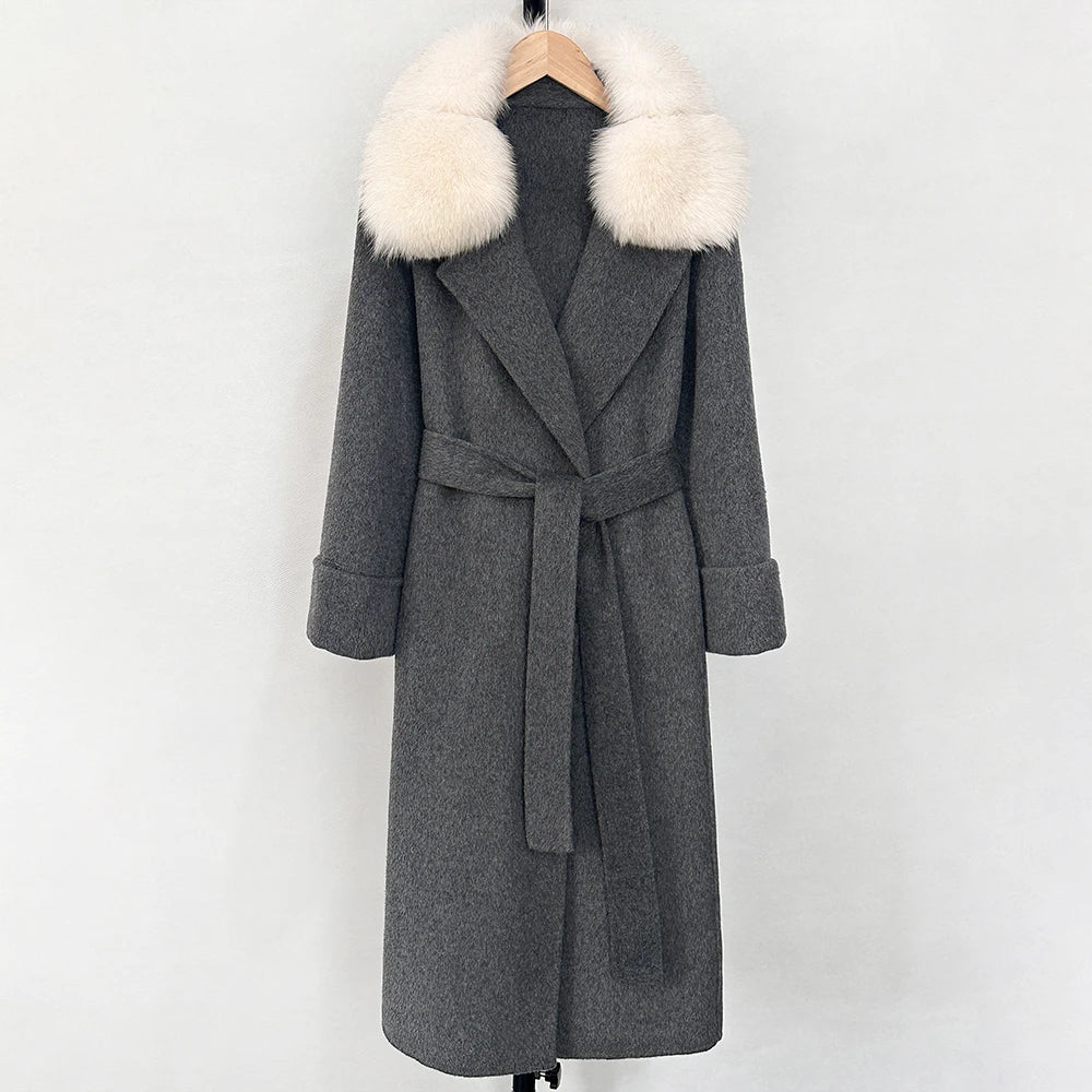 OFTBUY Belted Warm Winter Elegant Fashion Outerwear Female New Women's Double-Faced Wool Coat with Large Real Fox Fur Collar