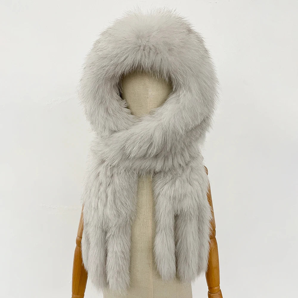 OFTBUY Hot Sales Fashion Fluffy White Natural Fox Fur Hat with Scarf Women Winter Female Thickened Warm Long Real Fur Cap Child