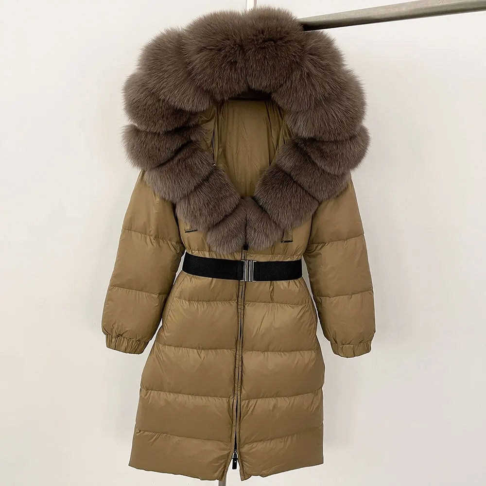 OFTBUY New Natural Thick Warm Duck Down Coat Female Long Winter Jacket Women Real Big Fox Fur Collar Belt Loose Puffer Parka